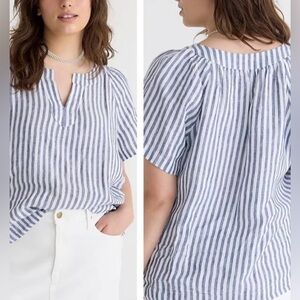 J. Crew Flutter Sleeve Linen Blue & White Striped Blouse